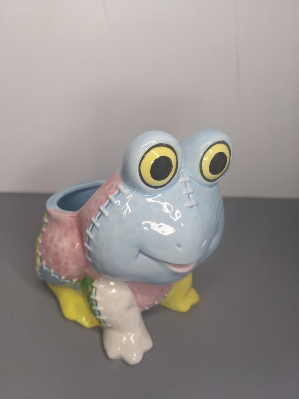 Frog Planter Mid Century Patchwork Ceramic Hand Painted Figural Japan Decor 1950